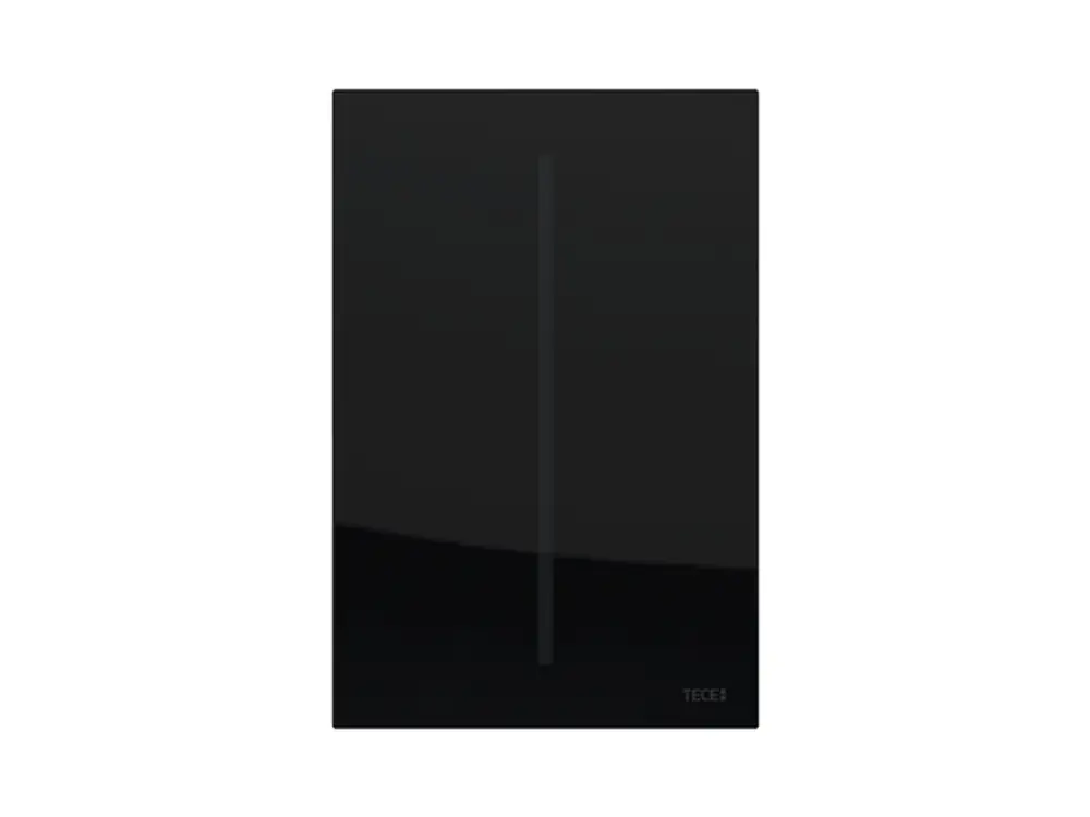 Schwarze Glasoberfläche einer Urinalelektronik von TECE, mit einem schlichten Design und einem vertikalen Strich. Ideal für moderne Sanitäranlagen.